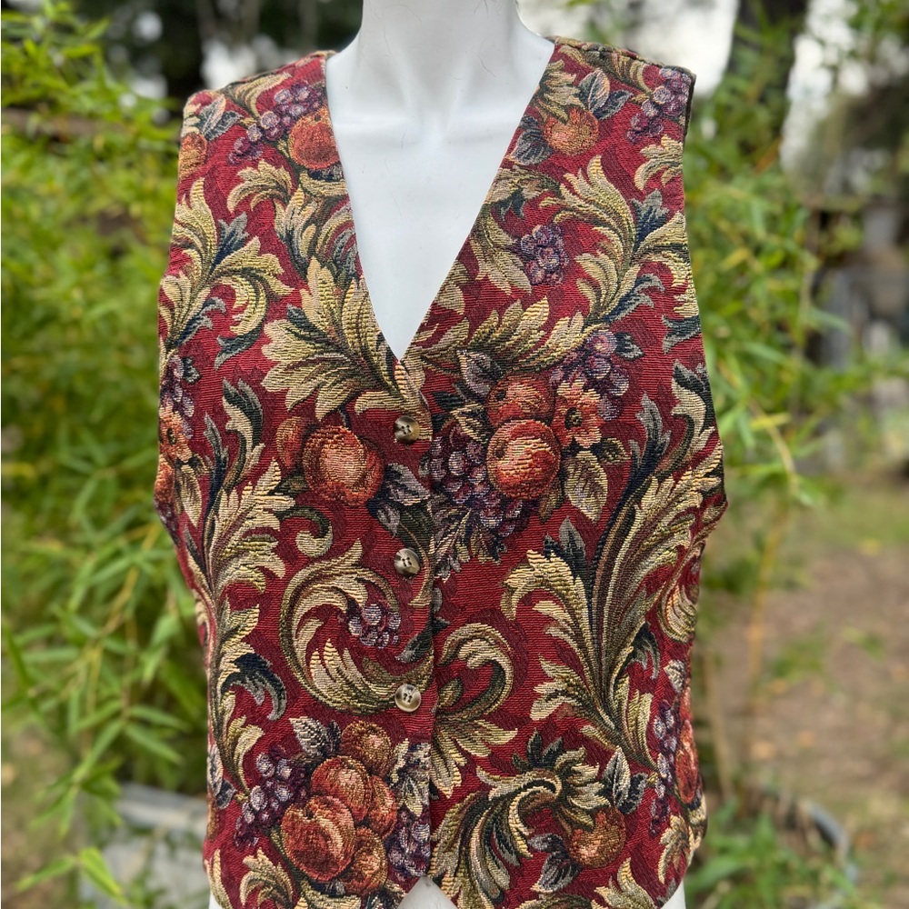 Vintage Orvis Red and Gold Floral Tapestry Vest